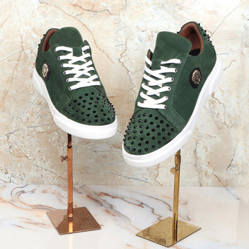Studded Green Suede Leather Lace-Up Sneakers with Metal Lion logo on Quarter by Brune & Bareskin