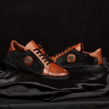 Low Top Sneakers Black Rhinestones Tan Leather by Brune & Bareskin
