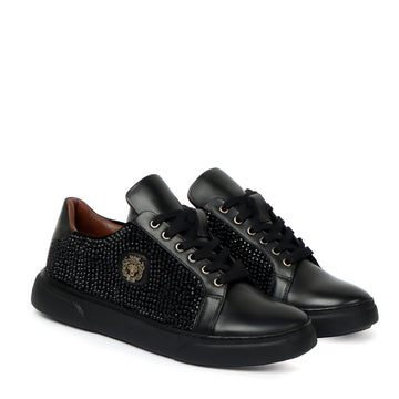 Men's Black Rhinestones black Leather Low Top Sneakers by Brune & Bareskin