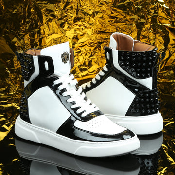 Studded White Leather Sneakers with Patent Leather Detailing