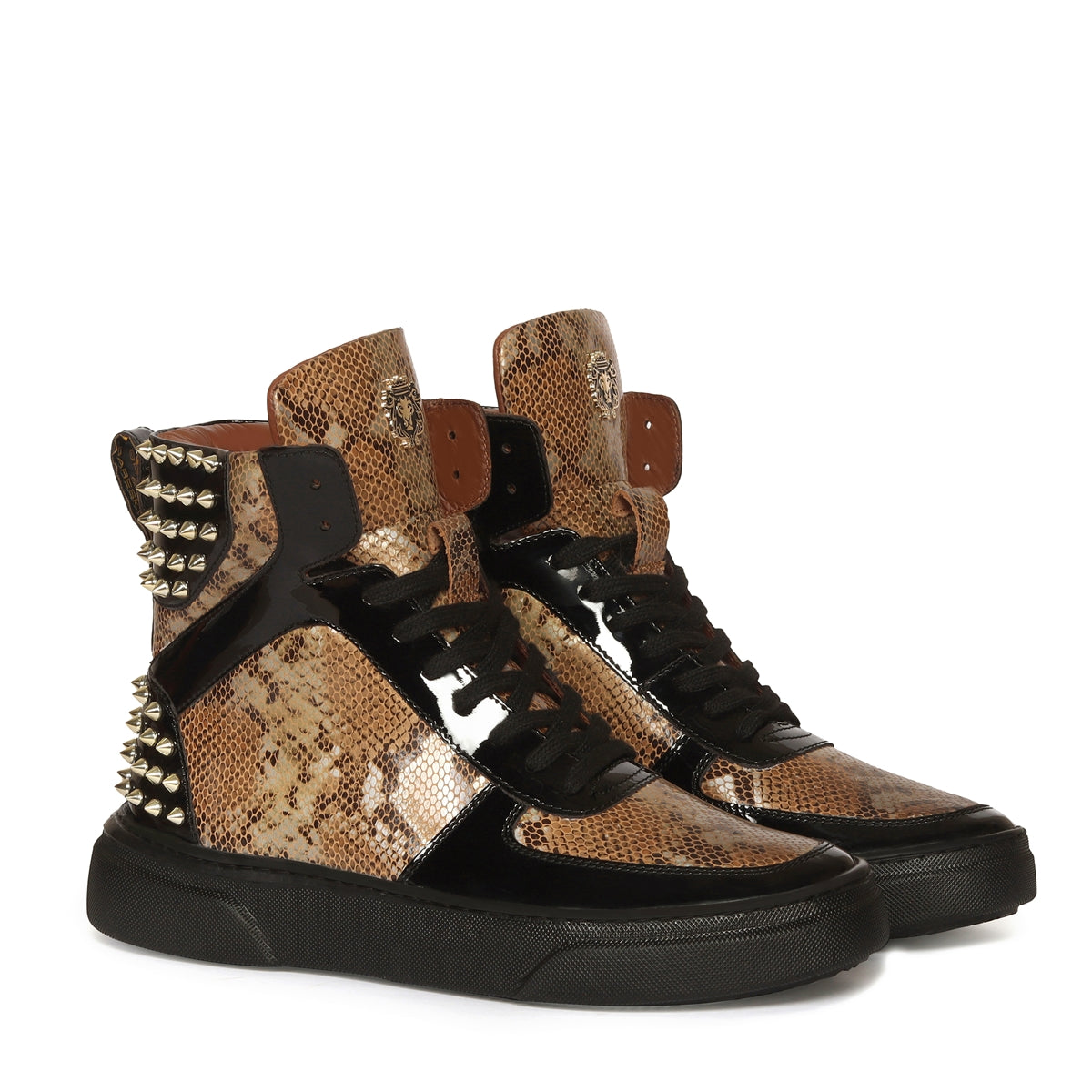 Studded High Top Sneakers Snake Print with Patent Leather Detailing