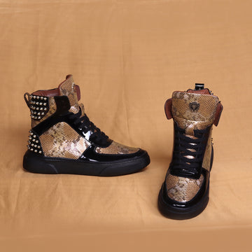 Studded High Top Sneakers Snake Print with Patent Leather Detailing