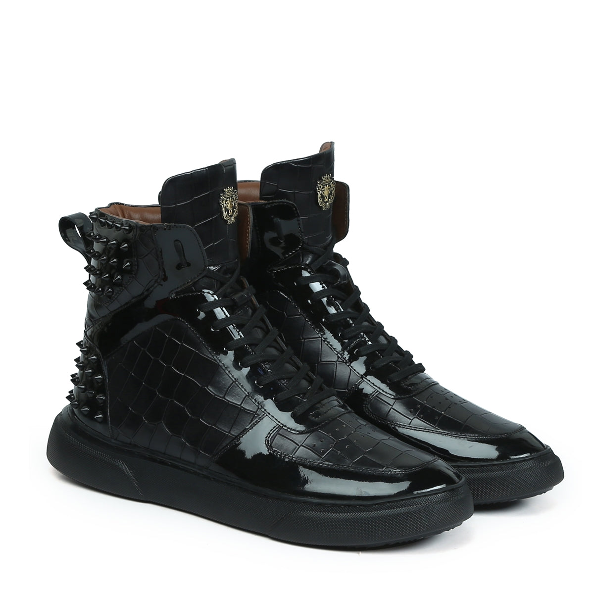 Studded Black Deep Cut Leather Sneakers with Patent Leather Detailing