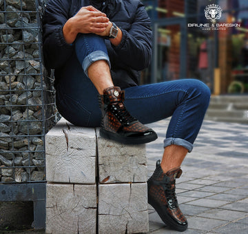 Studded Smokey Cognac Sneakers in Deep Cut Leather with Patent Leather Detailing