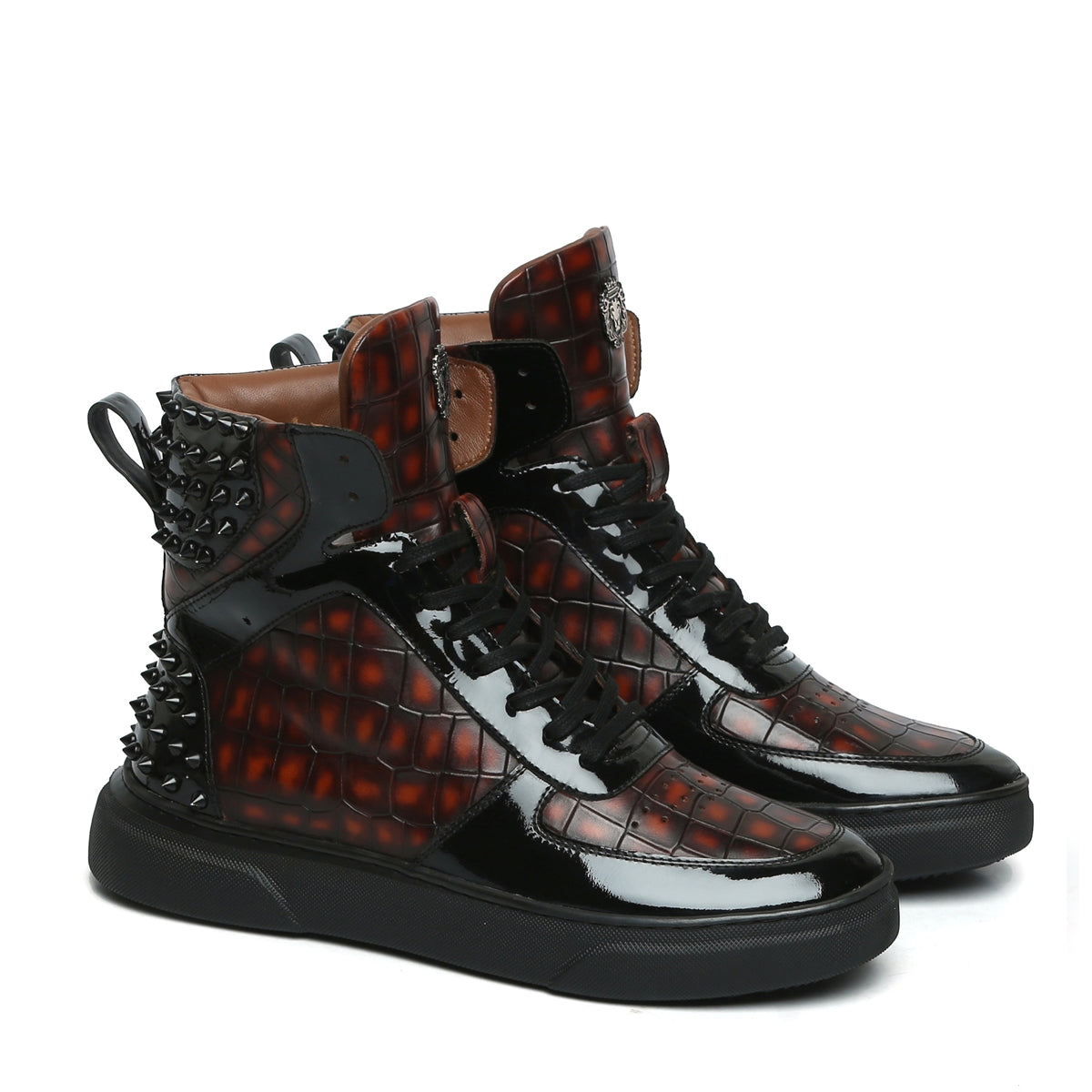 Studded Smokey Cognac Sneakers in Deep Cut Leather with Patent Leather Detailing