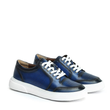 Blue Burnished Leather Low Top Perforated Sneakers by Brune & Bareskin