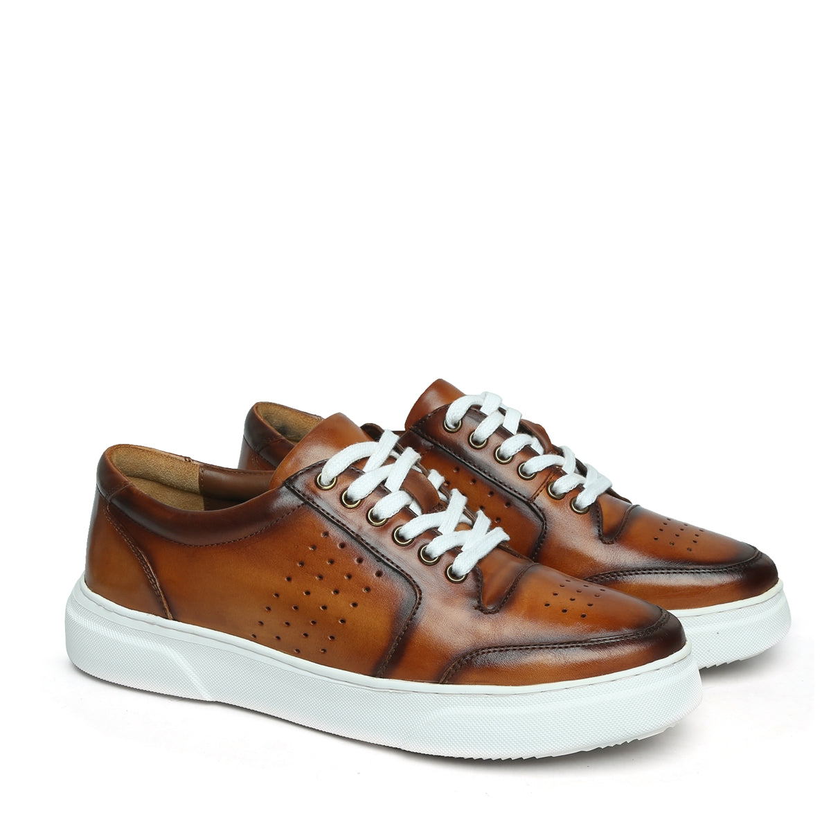 Tan Burnished Leather Low Top Perforated Sneakers by Brune & Bareskin