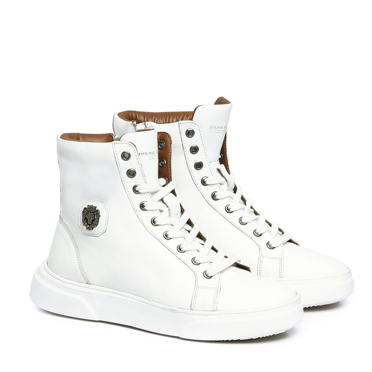 White High Ankle Sneakers With Metal Lion Logo E.V.A Sole by Brune & Bareskin