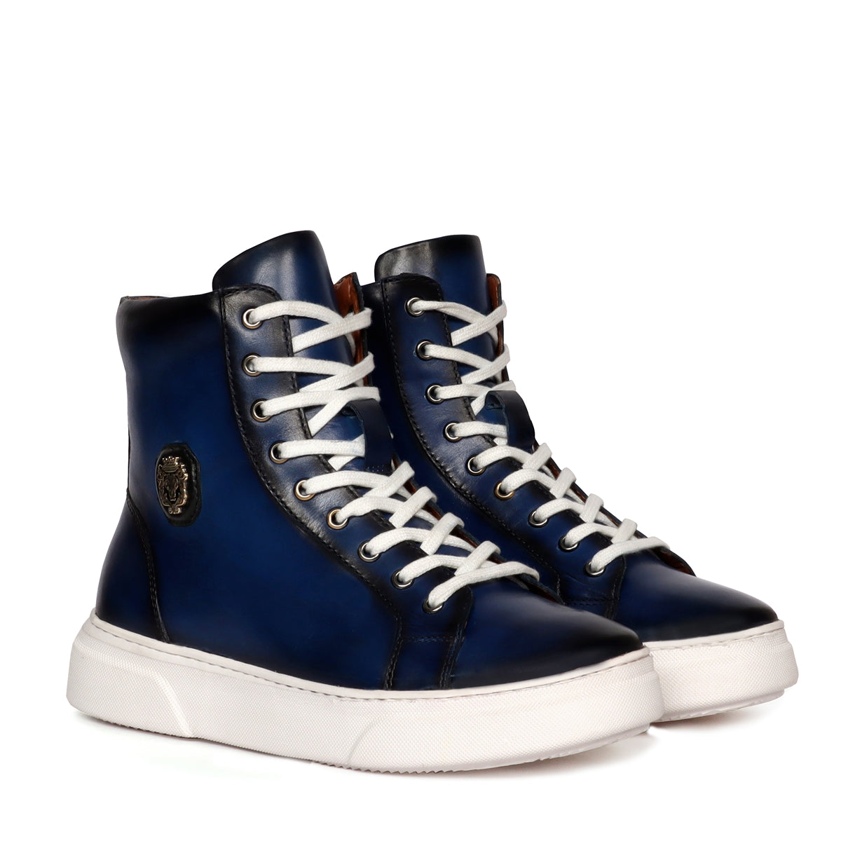 Metal Lion High Ankle Blue Leather Lace-Up Zip Closure Sneaker With  E.V.A Sole By Brune & Bareskin