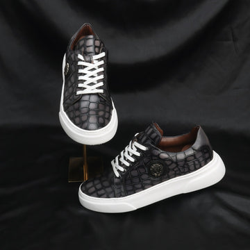 Smokey Grey Cut Croco Print Leather White Sole Low Top Sneakers by Brune & Bareskin
