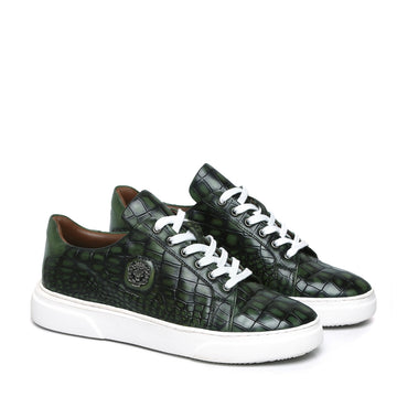 Smokey Green Finish Leather White Sole Low Top Sneakers by Brune & Bareskin