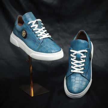 Sky Blue Cut Croco Leather White Sole Low Top Sneakers by Brune & Bareskin