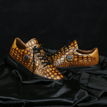 Smokey Yellow Finish Leather Black Sole Low Top Sneakers by Brune & Bareskin