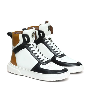 White High Ankle Sneakers with Contrasting Black & Yellow Leather Detailing by Brune & Bareskin