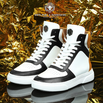 White High Ankle Sneakers with Contrasting Black & Yellow Leather Detailing by Brune & Bareskin