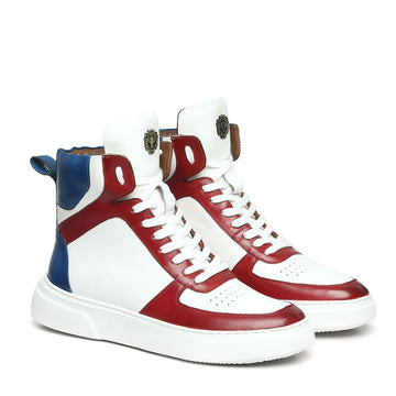 White High Ankle Sneakers with Contrasting Red & Blue Leather Detailing by Brune & Bareskin