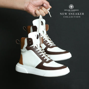 Contrasting Brown & Tan Leather Sneakers White High Ankle by Brune & Bareskin