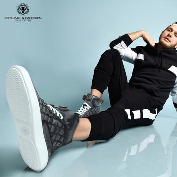 Diamond Stitch Mid-Top Grey Leather Sneaker by Brune & Bareskin