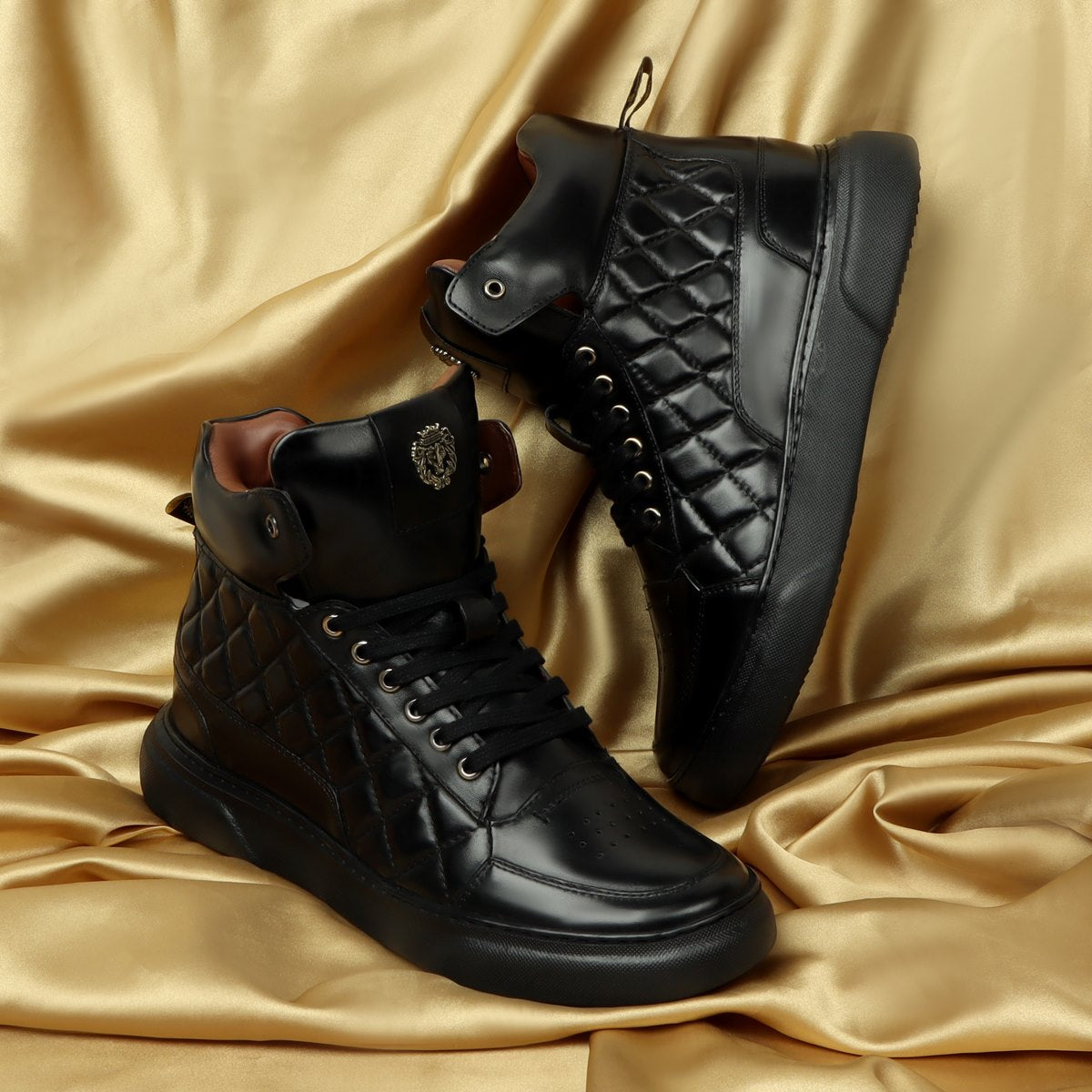 Black Leather Sneaker Diamond Stitch Mid-Top by Brune Bareskin