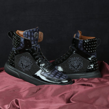 Beads Lion Zardosi Smokey Grey Studded Leather Sneakers with Patent Detailing by Brune & Bareskin