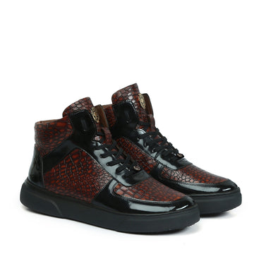 Smokey Cognac Deep Cut Croco Leather with Patent Leather Detailing Mid Top Sneakers by Brune & Bareskin