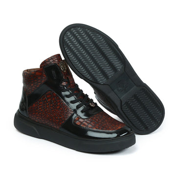 Smokey Cognac Deep Cut Croco Leather with Patent Leather Detailing Mid Top Sneakers by Brune & Bareskin