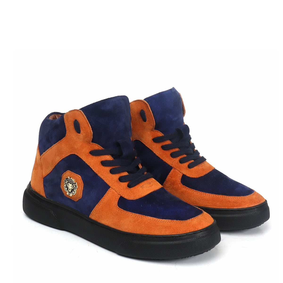 Orange & Blue Detailing Suede Leather Mid Top Sneakers by Brune & Bareskin