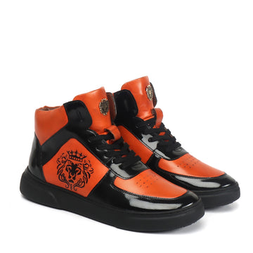 Orange Leather with Patent Leather Detailing Mid Top Sneakers by Brune & Bareskin