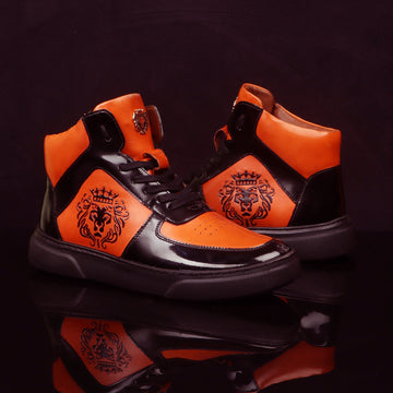 Orange Leather with Patent Leather Detailing Mid Top Sneakers by Brune & Bareskin