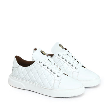 Diamond Stitched Low-Top Sneakers in White Leather