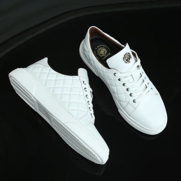 Diamond Stitched Low-Top Sneakers in White Leather