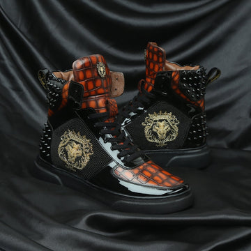 Black Studded Leather Sneakers with Patent Detailing Smokey Orangish Golden Beads Lion Zardosi