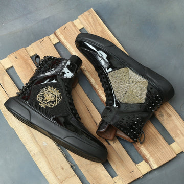 Black Studded Leather Sneakers with Patent Detailing Golden Beads Lion Zardosi