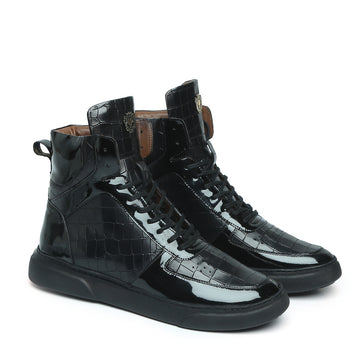 Patent Leather Detailing High Top Sneakers in Black Deep Cut Leather