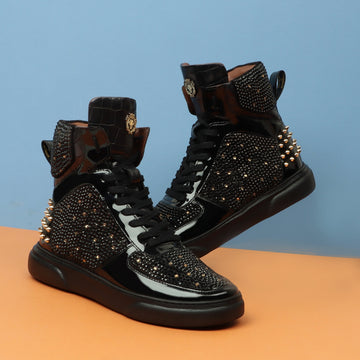 High Top Patent Leather Sneakers in Black and Golden Rhinestone Beads Zardosi with Golden Stud