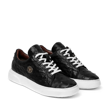 Low Top Sneakers With White Sole in Real Ostrich Black Leather