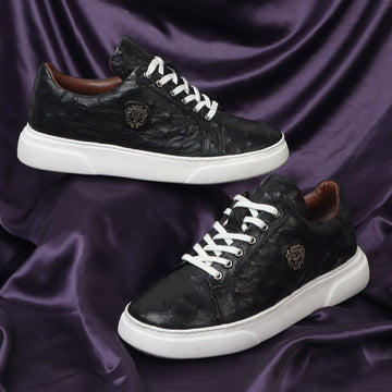 Low Top Sneakers With White Sole in Real Ostrich Black Leather