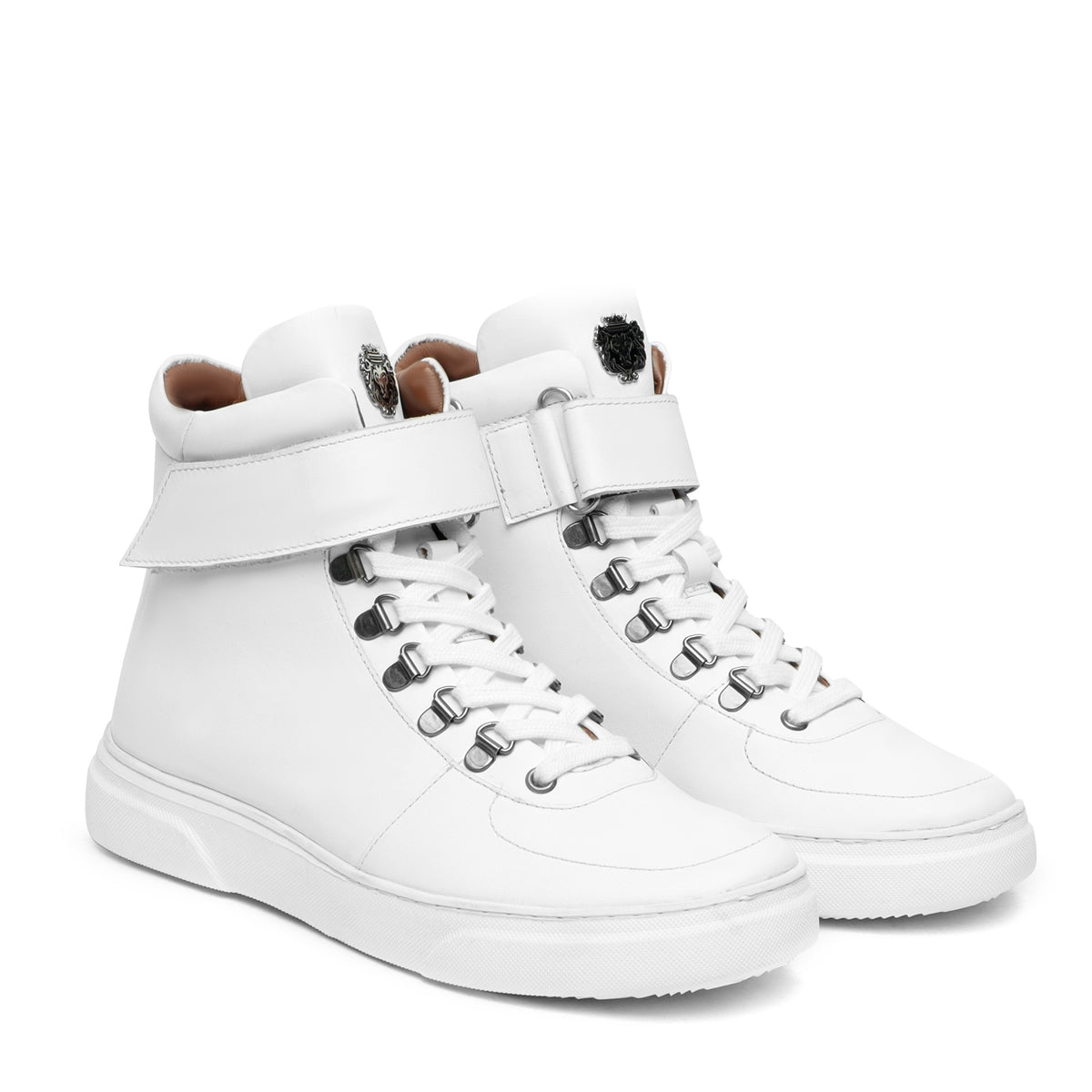 White Leather Lace Ups with Adjustable Leather Strap Mid-Top Sneakers by Brune & Bareskin