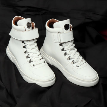 White Leather Lace Ups with Adjustable Leather Strap Mid-Top Sneakers by Brune & Bareskin