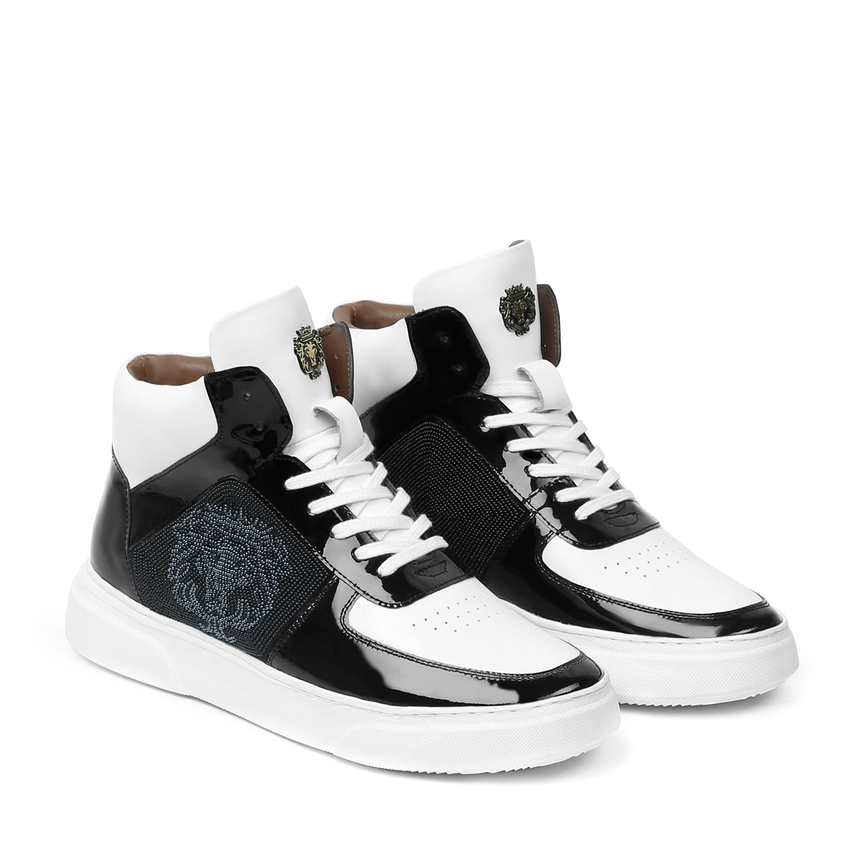 Men's Black White Patent Leather detailing Mid Top Sneakers By Brune & Bareskin