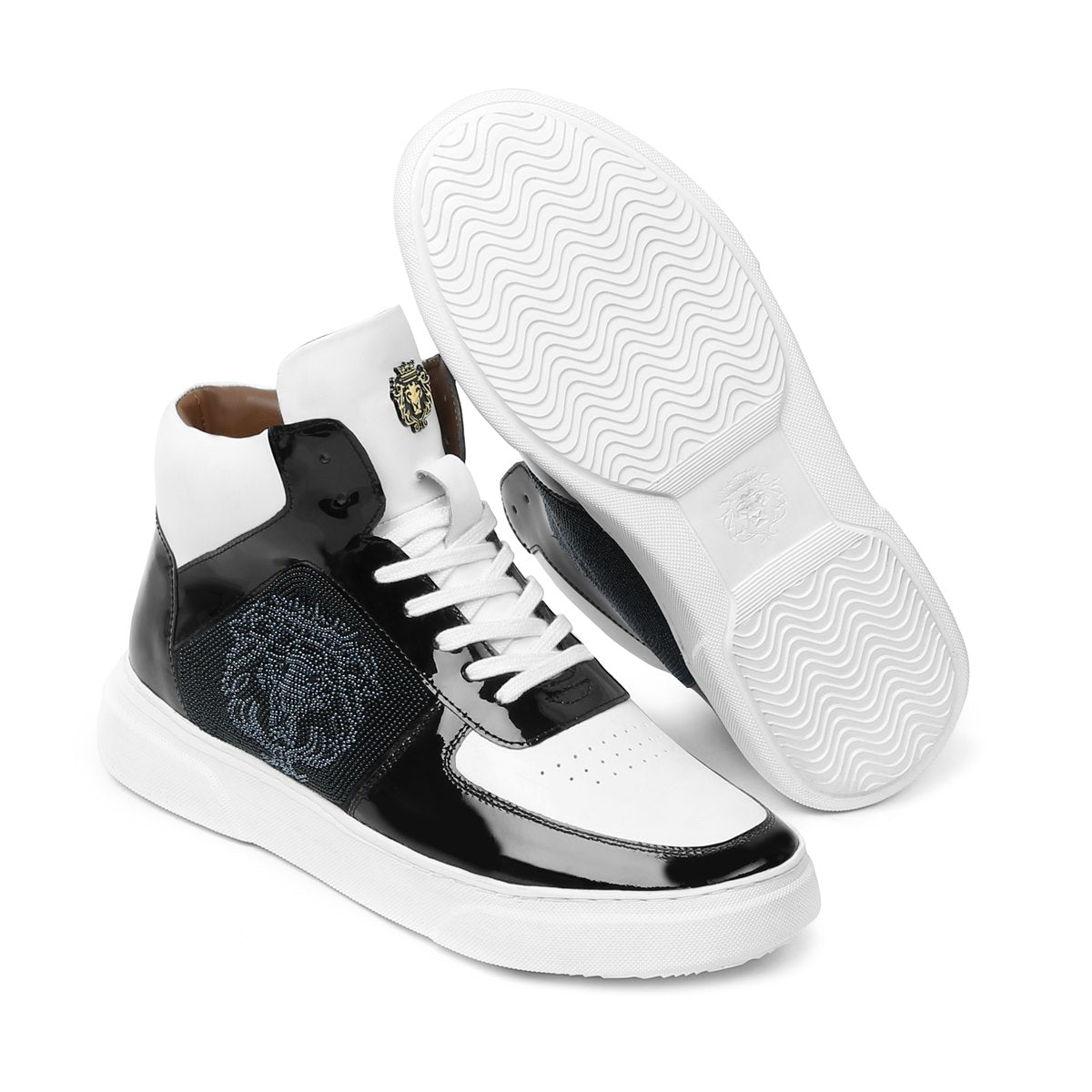Men's Black White Patent Leather detailing Mid Top Sneakers By Brune