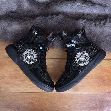 Studded Patent Leather Sneakers Black and Silver 'BARESKIN' Lion Face Swarovski Crystal Zardosi