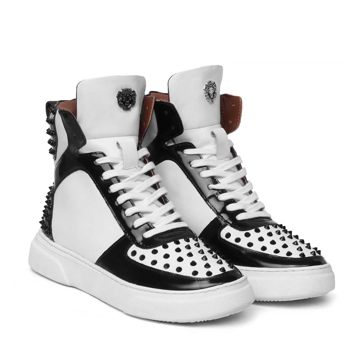Studded Toe and Counter Black Patent Leather detailing White High Top Sneakers By Brune & Bareskin