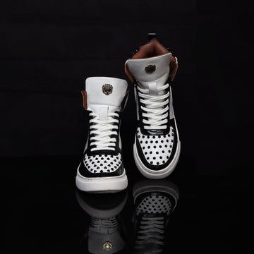 Studded Toe and Counter Black Patent Leather detailing White High Top Sneakers By Brune & Bareskin