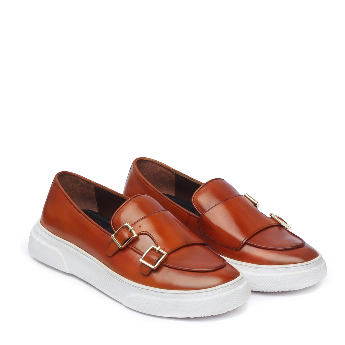 Tan Double Monk Apron Toe Leather Sneaker With White Sole By Brune & Bareskin