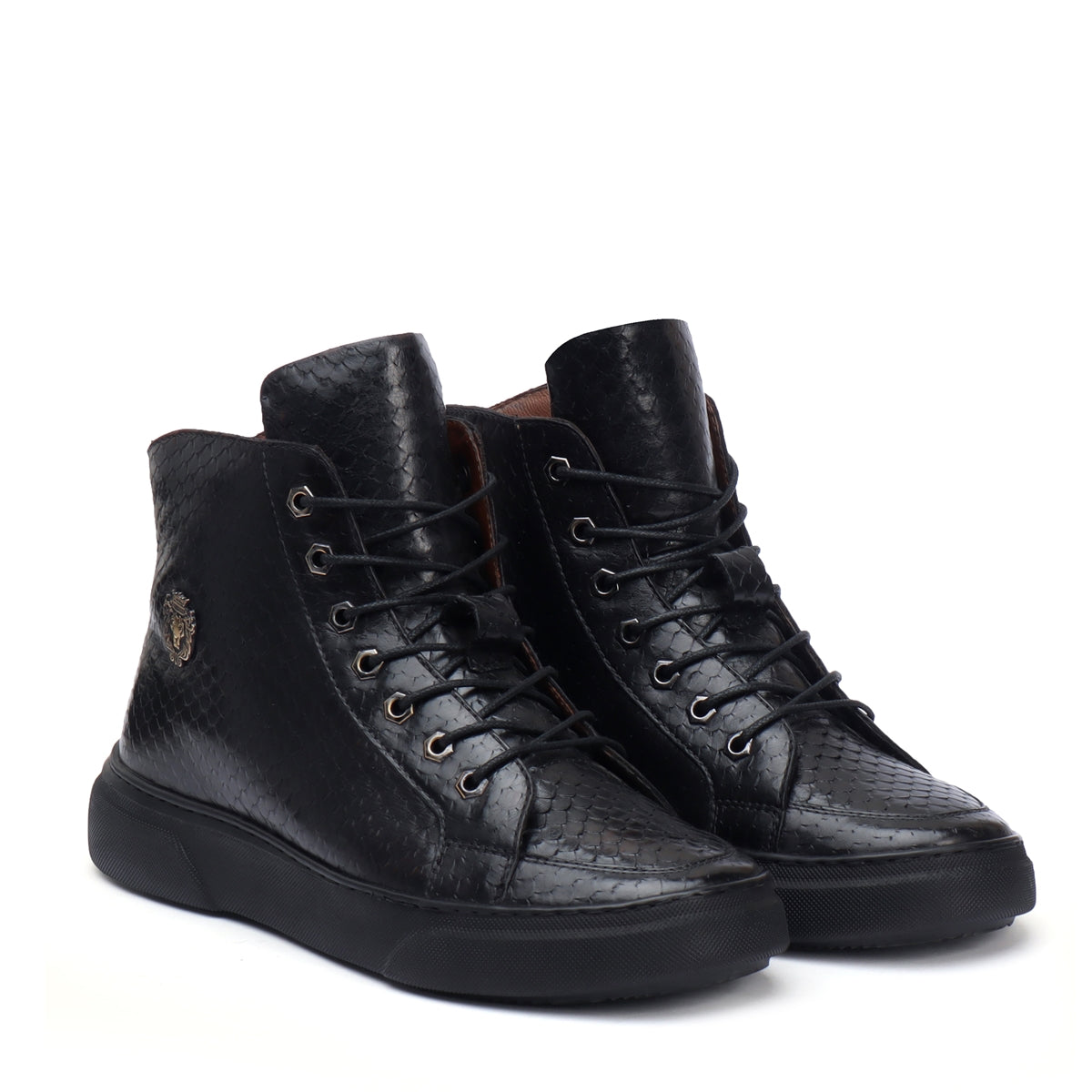 Black Snake Skin Textured Leather Mid Top Light Weight Sneakers by Brune & Bareskin