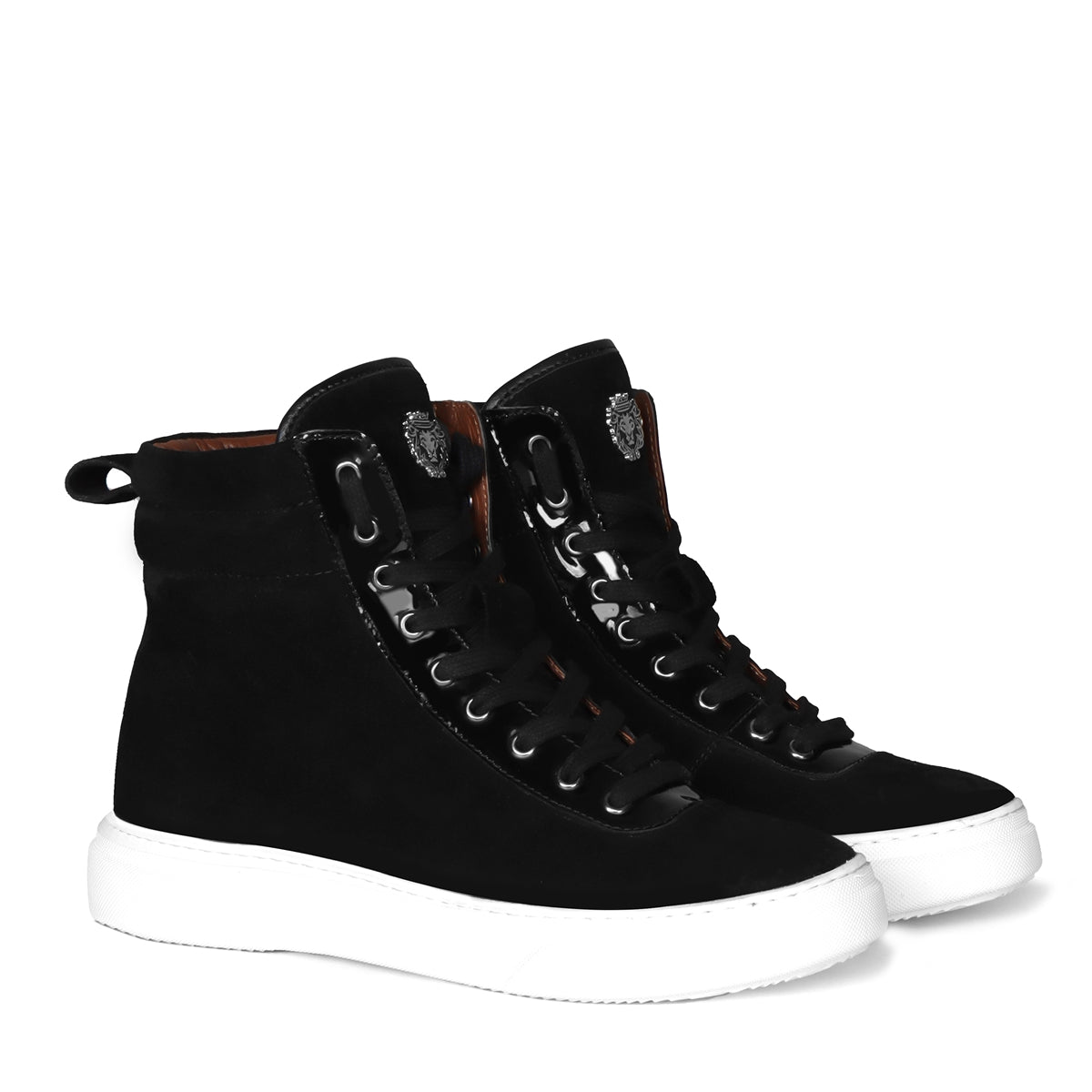 Black Suede Leather With Contrasting Patent Detailing Mid Top Lace-Up Sneakers by Brune & Bareskin
