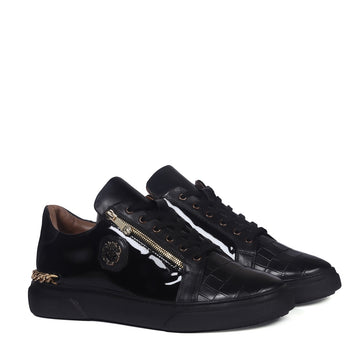Golden Chain Embellished Sneakers with Zipper Lace Up Patent Quarter with Deep Cut Croco Print Toe Leather
