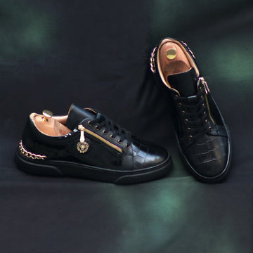 Golden Chain Embellished Sneakers with Zipper Lace Up Patent Quarter with Deep Cut Croco Print Toe Leather