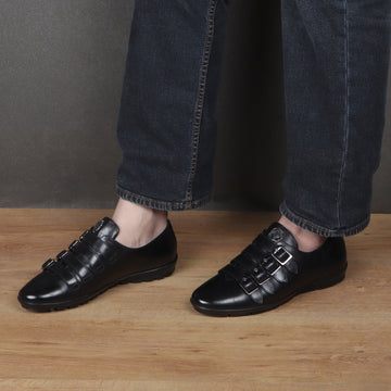 Light Weight Black Genuine Leather Parallel Monk Straps Sneakers Shoes by Brune & Bareskin